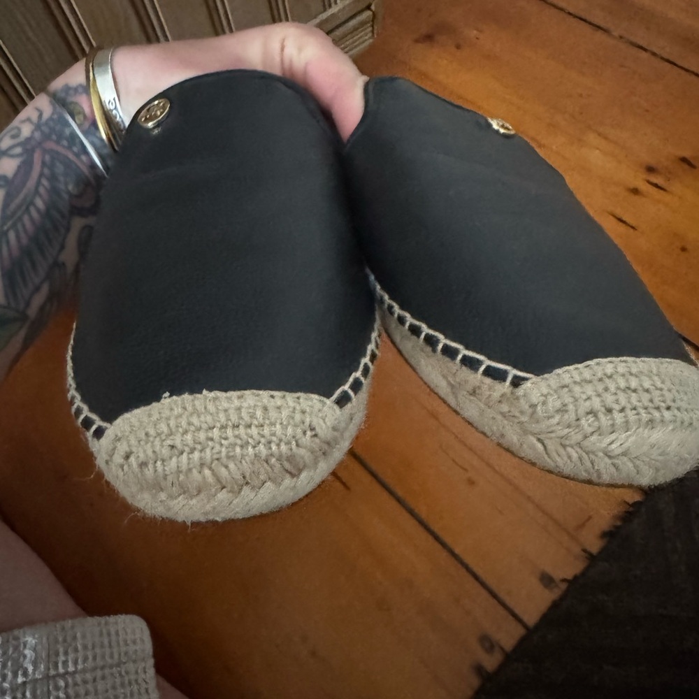 Michael Kors Black Leather Slip-On Espadrille Slides with Gold MK Accent - Picture 7 of 8